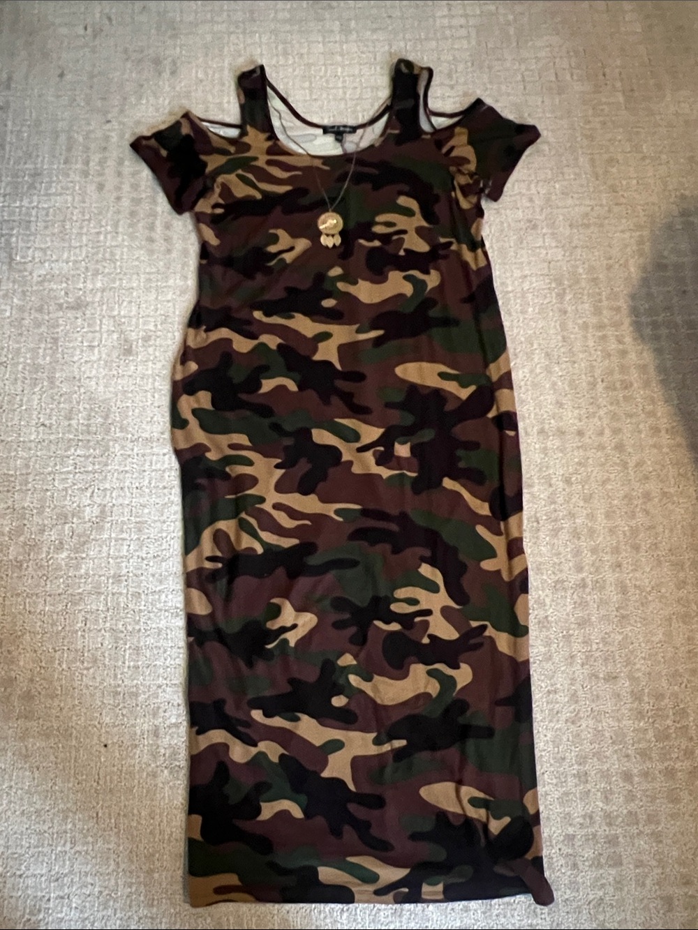 Camouflage Cold-Shoulder Midi Dress - Green/Brown